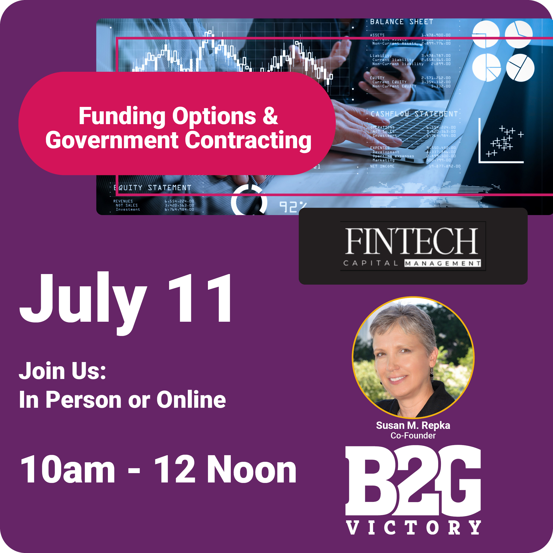 Funding Options & Government Contracting with Susan M. Repka, Co-Founder B2G Victory on July 11