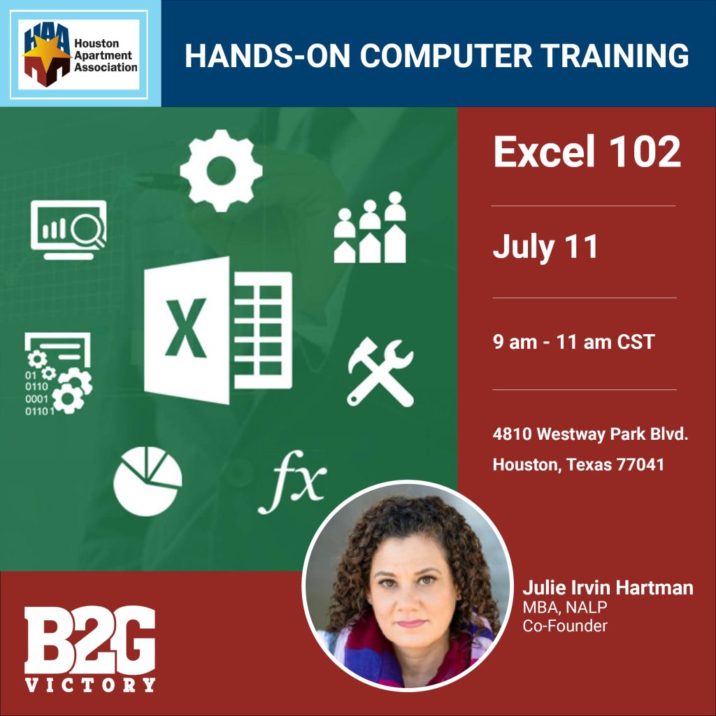 Houston Apartment Association - Microsoft Excel 102 Training with Julie Irvin Hartman, MBA on July 11