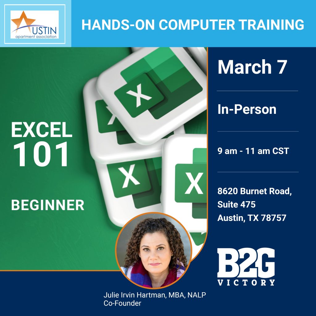 Excel 101 training in-person for the Austin Apartment Association on March 7, 2023