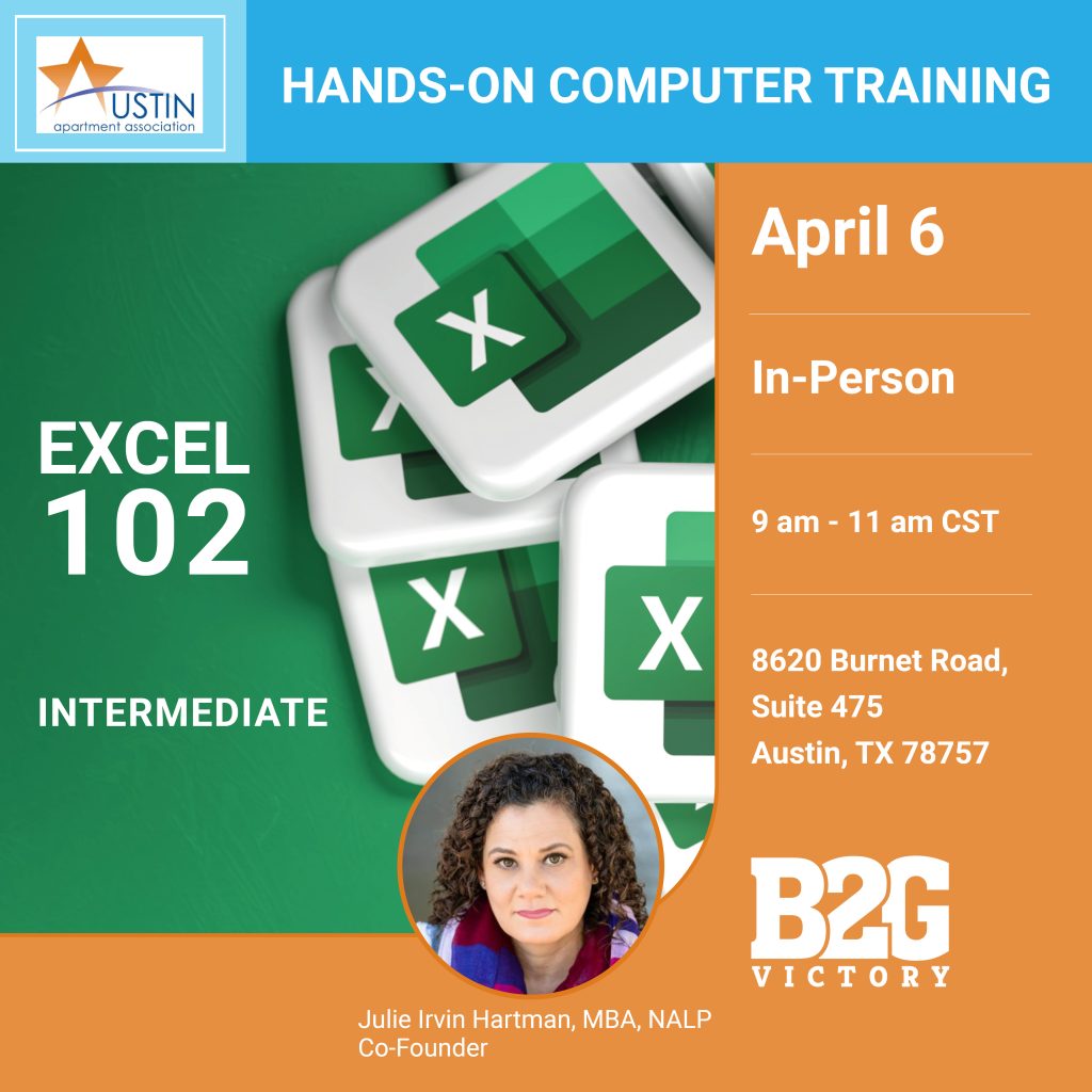 Excel 102 training in-person for the Austin Apartment Association on April 6, 2023