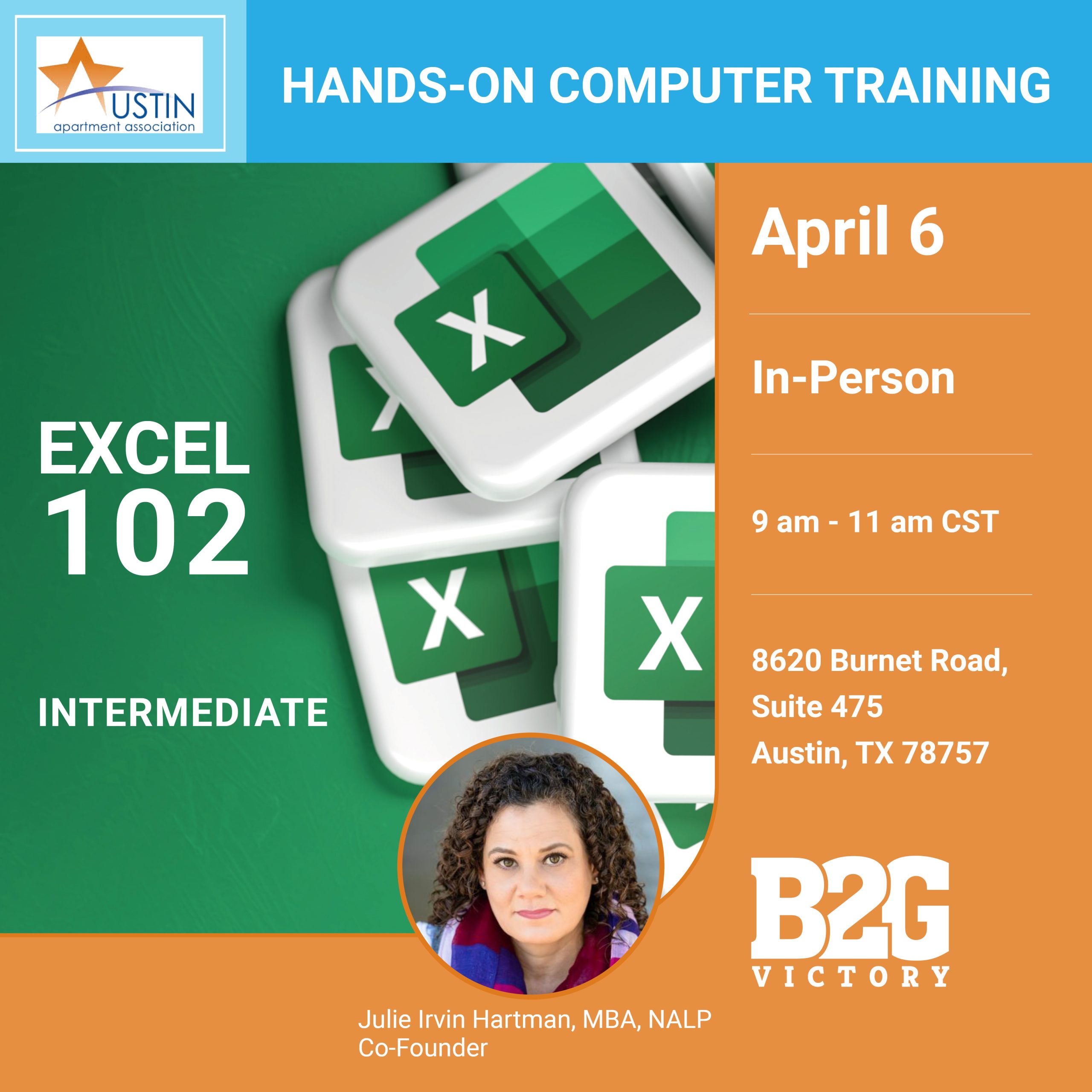 Excel 102 training in-person for the Austin Apartment Association on April 6, 2023