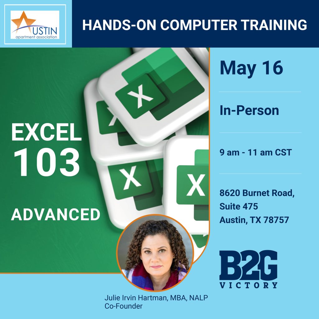 Excel 103 training in-person for the Austin Apartment Association on May 16, 2023