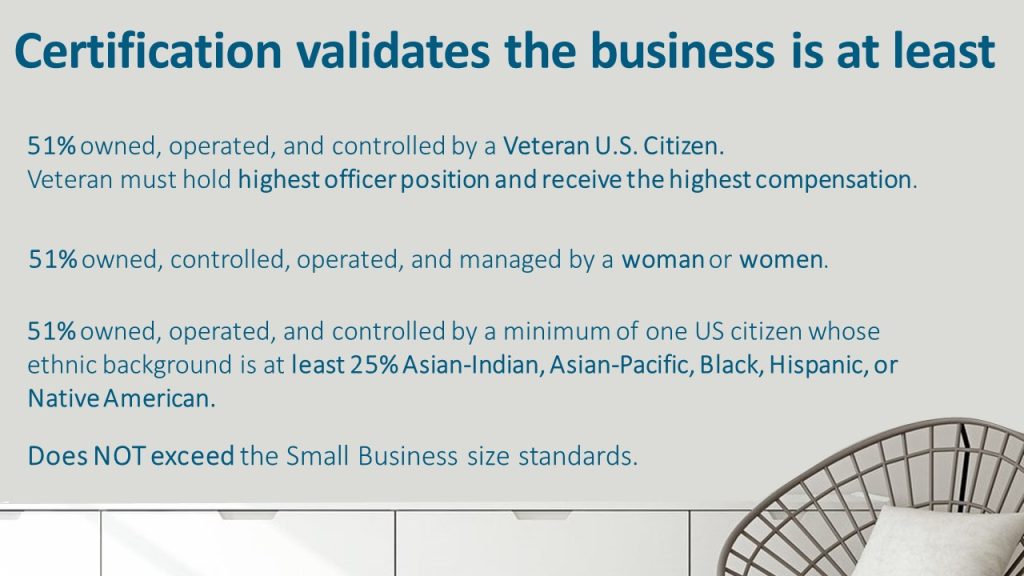 Certification Validation: Veteran owned, Woman or Women owned, Minority Owned