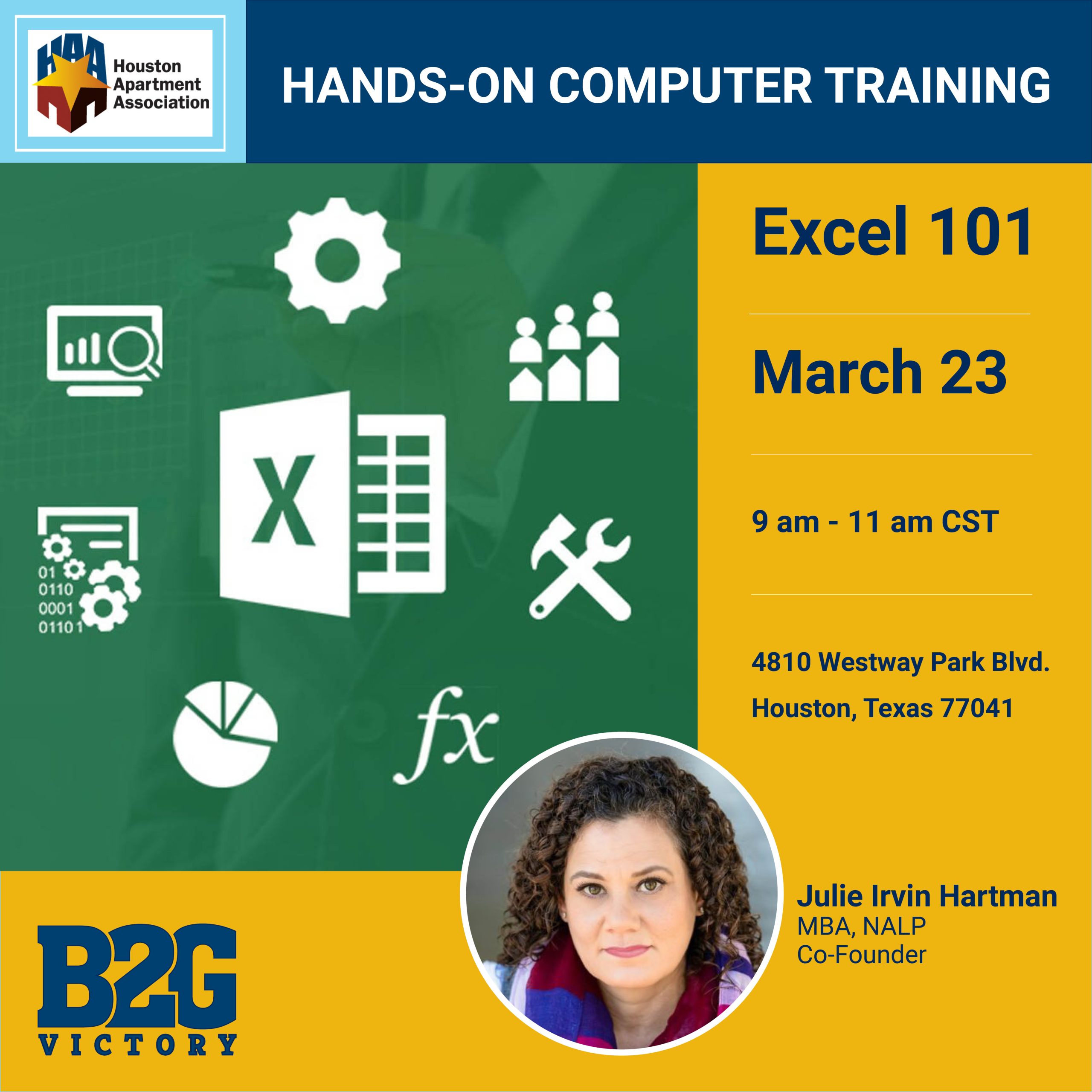 Excel 101 training in-person for the Houston Apartment Association on March 23, 2023