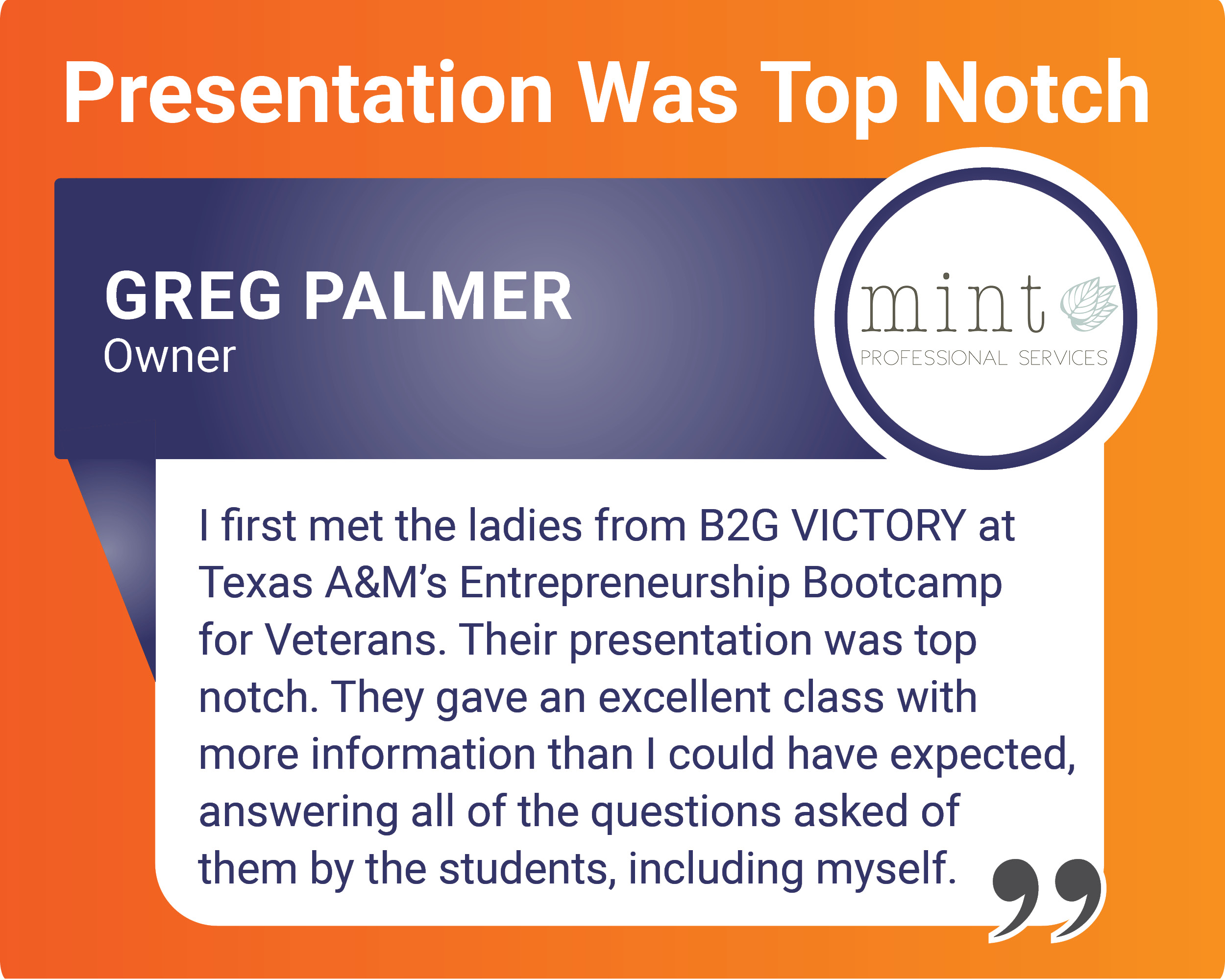 Testimonial from Greg Palmer of Mint Professional Services