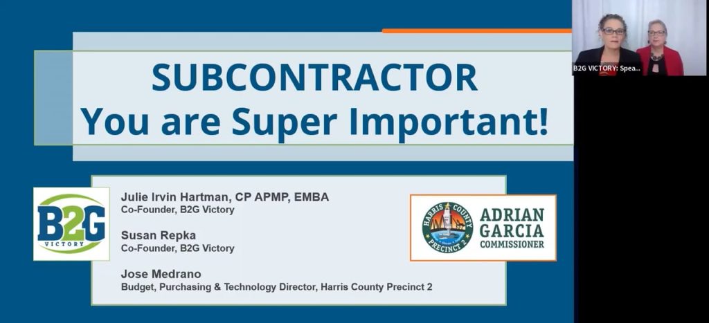 Subcontractor You are Super Important with Harris County Precinct 2 (Adrian Garcia, Commissioner) and B2G Victory (Julie Irvin Hartman, MBA & Susan M. Repka)