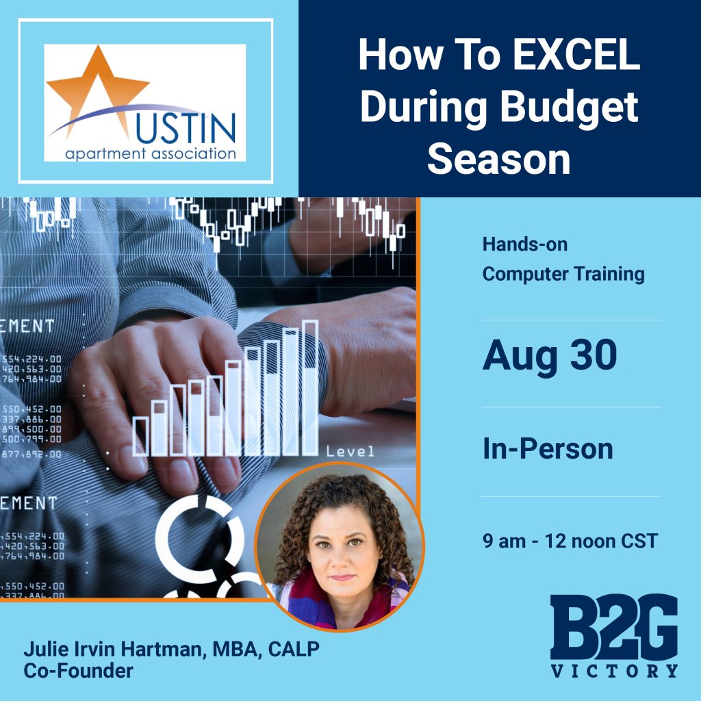 AAA-Microsoft Excel-Budget Seminar with Julie Irvin Hartman, MBA on August 30 in Austin, Texas