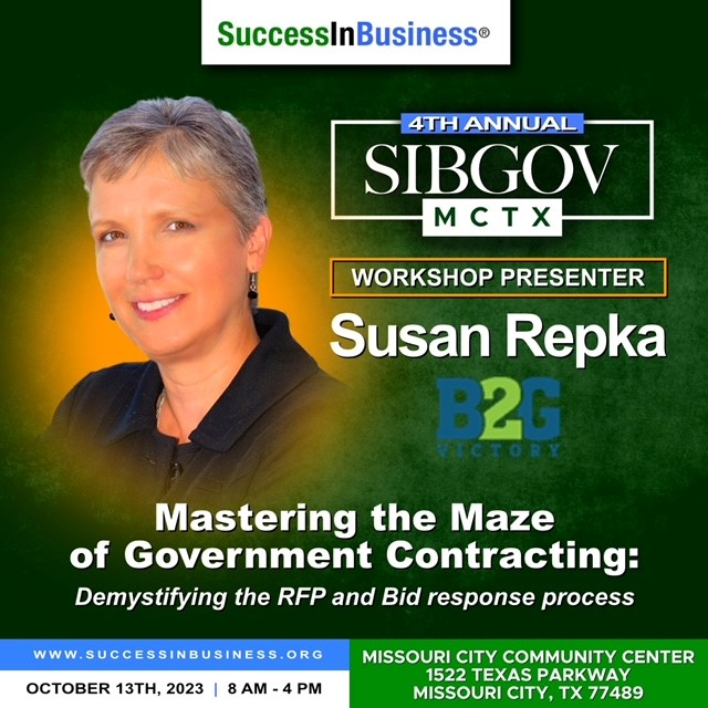 Susan M. Repka, Co-Founder, B2G Victory, speaking at Missouri City Success in Business forum